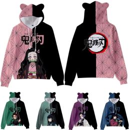 Costumes anime démon slayer sweates women chats oreilles caricatures sweatshirt tops kamado nezuko 3d harajuku garçons filles cosplay costume pullor