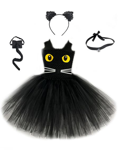 Costumes Costume de chat noir pour filles, robe Tutu fantaisie de fête d'anniversaire pour tout-petits, bandeau avec cravate, Costumes de Cosplay d'animaux d'halloween pour enfants