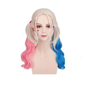 Disfraces Chica Suicide Squad Harley Quinn Pelucas Cosplay Peluca Rizada Cola de Caballo Sintética Peluca Pelo Resistente Al Calor Pelucas de Halloween Disfraces Rosa