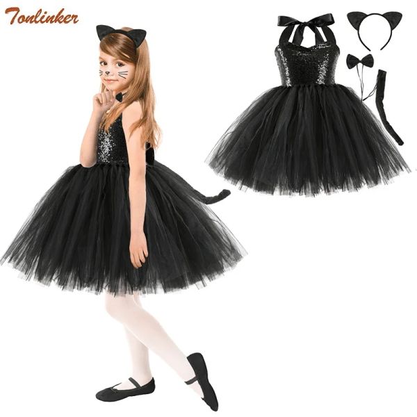 Costumes Halloween enfant Animal chat Cosplay Costume filles paillettes Nylon maille Tutu robe coiffure queue enfants fête d'anniversaire robes fantaisie