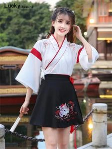 Costumes robe japonaise kimono femme noir blanc chat broderie jupes vintage vintage asiatique vingt yukat fête anime cosplay cosplay costume costume