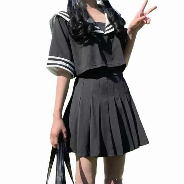 Trajes Traje Estudiante Uniforme blanco Versi Japonés Coreano Marinero plisado Crop Top Girls Cosplay Negro Escuela W9rU #