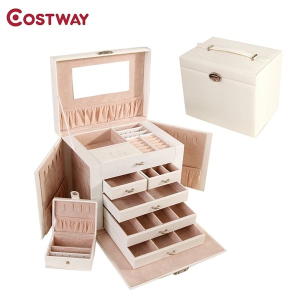 COSTWAY Portable boîte à bijoux organisateur anneau boucles d'oreilles bijoux boîte de rangement avec miroir Faux cuir boîte W0227 210315