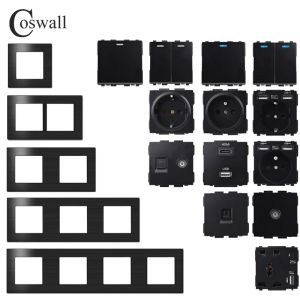 Coswall L1 Série Black Brackaged Panneau en aluminium Interrupteur mural EU Socket français HDMI compatible USB Charger TV RJ45 Modules bricolage