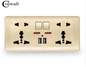 Coswall Wall Power Socket Double Universal 5 Hole Switched Outlet 21A Indicador de LED de puerto de cargador USB dual 146mm86mm Gold 1102508160691