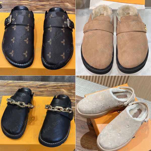 Confortable Clog Chaussures Designer Confort Mules Sandales Femmes Hommes Plat Fourrure En Cuir Mule Pantoufles Mode Hiver Chaud En Peluche Diapositives Sangle Réglable