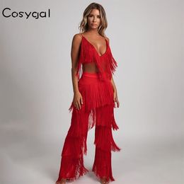 COSYGAL rouge complet gland Sexy combinaison barboteuses femmes nouvelle mode deux pièces costume 2018 élégant soirée Clubwear été Jumpsuit2166