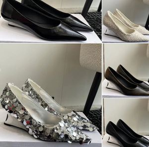 Cotemp Shoes Fashion Wedge Fond plat Tarelka sandale designer Femmes Chaussures bateau pointues à talons hauts et chaussures simples en cuir sequin Mocassins à bout carré