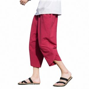 Pantalon Capri en coton et en lin pour hommes, pantalon d'été en lin fin, pantalon de plage décontracté, short pour hommes W9up #