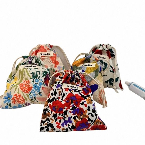 Tissu cott Floral Petits sacs à cordon Rouge à lèvres Maquillage de toilette Organisateur Sacs de poche Porte-monnaie Clés Earphe Sac de rangement l8TR #