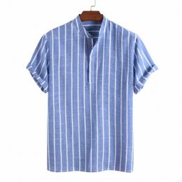 cott chemise en lin chemises à rayures d'été à manches courtes pour hommes couleur unie col rabattu décontracté style de plage chemisier haut pull Q6hq #