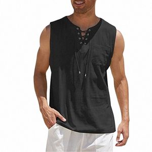 Cot Linnen Tank Top Mannen Trekkoord V-hals Sleevel Shirts Zomer Streetwear Casual Shirt Gym Fitn Slim Fit Vest tops Q9S3 #