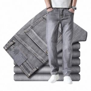 cott stretch jeans busin casual heren dunne denim jeans grijs lente zomer gloednieuwe pasvorm recht lichtgewicht z7W1 #