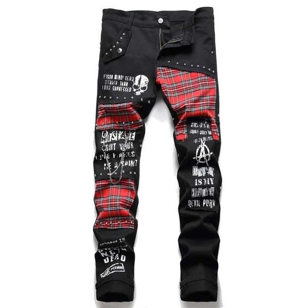 Cottish Red Checkered Tatar Patch Work Jeans Punk Rivet Patch Black Denim Pantal