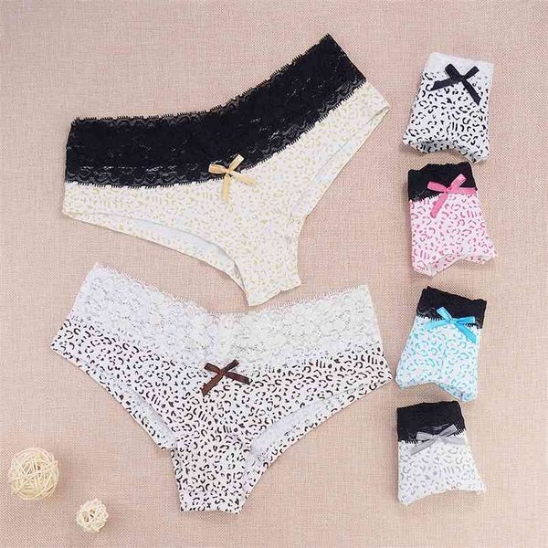 Coton 6pcs / lots Briefes de dentelle culotte léopard Panty sous-vêtements sexy sous-bénéfice de la mode respirante Shorts à arc 210730