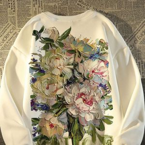 Katoenen Amerikaanse stijl olie schilderij bloem ronde nek trui herfst winter mannen en dames losse mode label oversized paar's pluche top
