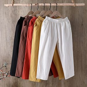 Pantalones capris de algodón y lino para mujer verano hábito de rábano fino suelto 240411
