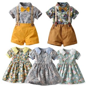 Katoenen babyjongen stropdas shirt shirt short mouwen pak meisje rok kinderen hawaiiaanse kleding sets algehele outfits 0-6 jaar oud 220507