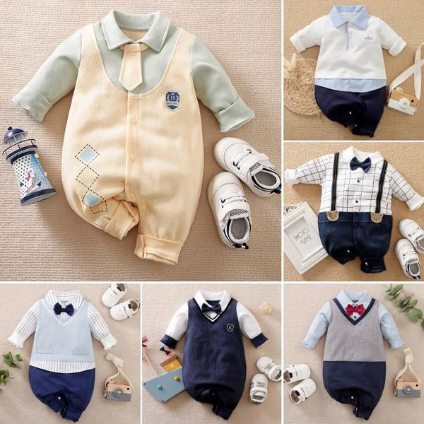 Coton bébé garçons barboteuse infantile Gentleman costume Preppy Style tricoté Onesie né manches longues beaux vêtements 0-12 M 240116