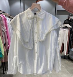 Katoen gemengd 2024 lente nieuwe kleine geurige zoetheid paleis stijl afslanken zware dubbele gelaagde kralen pop hals shirt