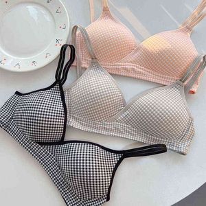 Katoenen beha's voor vrouwen naadloos draadloze push -up bovenste bh ademende geruite schattige bralette dames ondergoed comfort lingerie l220727