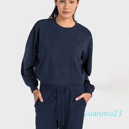 Chemise à manches longues en coton à col rond Chemises légères et chaudes Sweat-shirts classiques Longueur de la taille Dessus de yoga Séchage rapide Coupe décontractée T-shirt à capuche