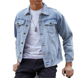 Katoenen denim jas Men casual vaste kleur revers een jeans jas met een borste borsten heren herfst slanke fit kwaliteit herenjassen 240401