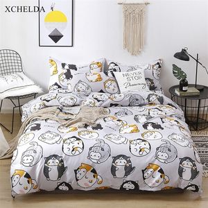 Coton Couette de couette ensemble Double Queen King Grey Grey Cartoon Catoon Cat Litspread Single Lit Sheet Aritelcases d'oreiller 4pcs Set Family 201021