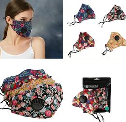 Masque imprimé floral en coton avec valve de reniflard Masques buccaux respirants Anti-poussière Lavable Couverture de masque réutilisable sans filtre 521Q