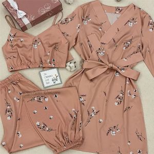 Katoenbloemprint pyjama's set gewaad slaapkleding pak dames zijden satijn bh pijama jurk vneck cami nachtjaars huis nachtdress 3pc 220527