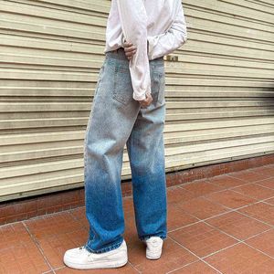 Katoen gradiënt jeans mannen mode retro casual wijd-been jeans mannen streetwear losse hip-hop rechte denim broek Mens M-3XL G0104