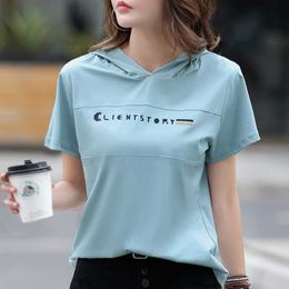 T-shirt à capuche en coton pour femmes, manches courtes, blanc, slim, demi-manches, chemise de style occidental, réduction de l'âge, T-shirt d'été coréen
