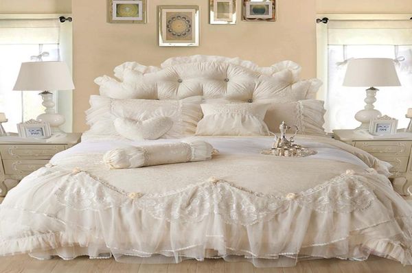 Cotton Jacquard Lace Princess Cama Juego de ropa de cama de boda Reina King Size Bedlinen Hoja Boho Divet Cubierta Centralo 9781276