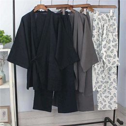 Algodón japonés ropa de dormir Fori hombres Kimono Haori pijamas camisón verano Tops + Pantalones conjunto de ropa transpirable Yukata Jinbei 211019
