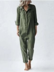 Katoenen jumpsuit, sexy vintage romper, lange broek, slanke bodycon jumpsuits, mouw, legergroen, effen, casual cargobroek 240301