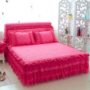 Juego de ropa de cama de princesa de encaje de algodón para niñas, juego de falda de cama azul, rosa, Beige, morado, fundas de almohada de tamaño King/Queen/Twin completo