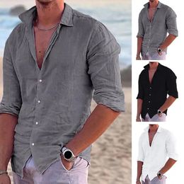 Lino de algodón 2023 Verano para hombre Color sólido Lino Camisa casual Cardigan Manga larga Camisas delgadas transpirables EE. UU. S3XL 240312