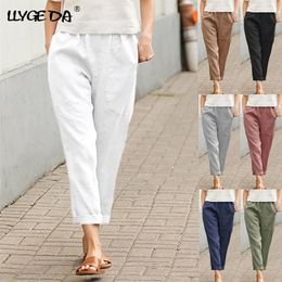 Coton lin grande poche mince femmes pantalon solide taille élastique pantalon pour femmes été droit blanc Homewear pantalon 220325