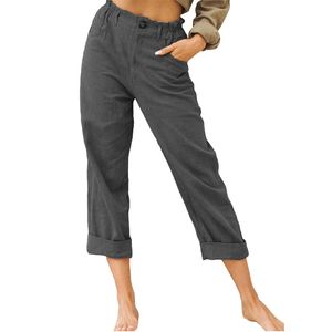 Pantalon de veau en lin en coton Bouton de taille haute de la taille haute pantalon Harem Femmes Pantalons lâches 2304274