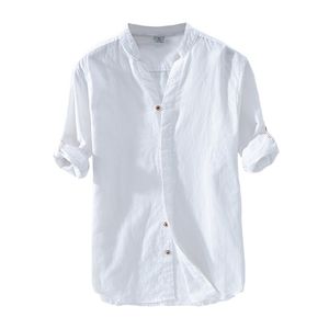 Camisas casuales de lino de algodón para hombres Camisa blanca clásica básica Otoño Masculino Manga larga Cuello de soporte Ropa de hombre transpirable 210708