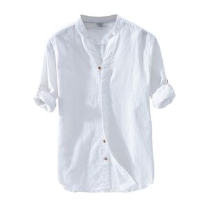 Chemises décontractées en lin de coton pour hommes de base classique chemise blanche automne mâle à manches longues col montant respirant vêtements pour hommes 210626