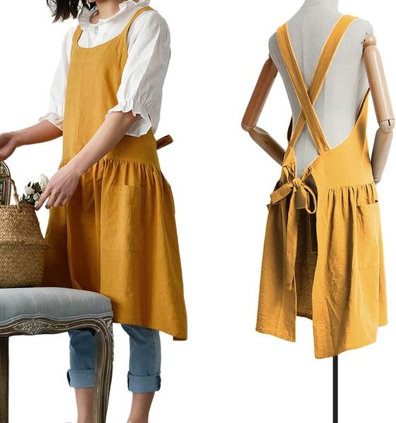 Delantal de Espalda Cruzada de Lino de Algodón para Mujer con Bolsillos para Pintar Jardinería Amarillo con Lazos en la Cintura 122919