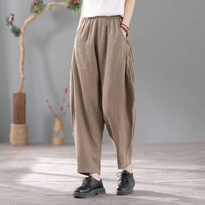 Pantalon sarouel en coton et lin pour femmes, vêtements d'été, grande taille, ample, décontracté, taille élastique, kaki, Baggy, Q0801