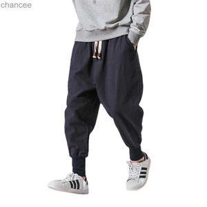 Katoen linnen harembroek mannen massieve elastische taille streetwear joggers 2022 Nieuwe flodderige drop-crotch broek casual broek Menlf20230824.