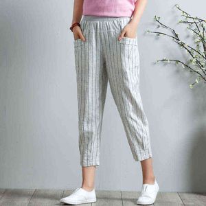 Katoen linnen harembroek vrouwen lente zomer hoge taille gestreepte zakken casual elastische joggingbroek broek 211124