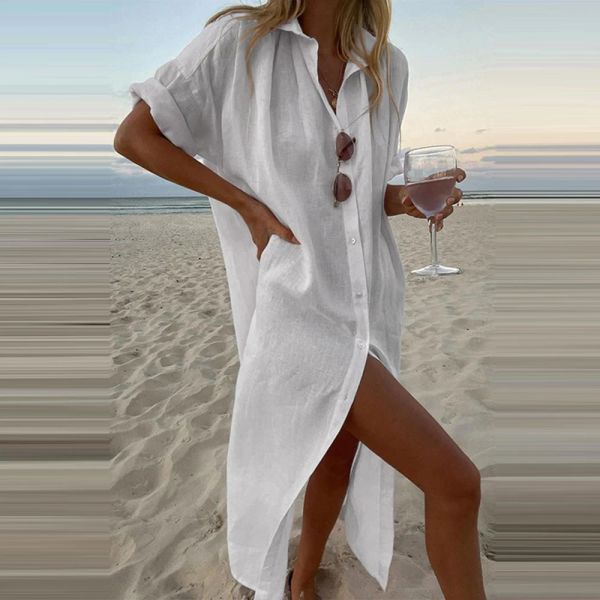 Robe longue en coton et lin pour femmes, couleur Pure, décontractée, manches courtes, chemise, vêtements de plage, Y2K, été, 2023