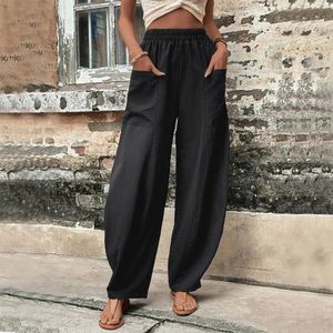 Katoen linnen losse broek voor vrouwen Fashion Cargo Pocket broek Hoge elastische taille Lange Vintage zomer Vrouwelijk Doekje 240428