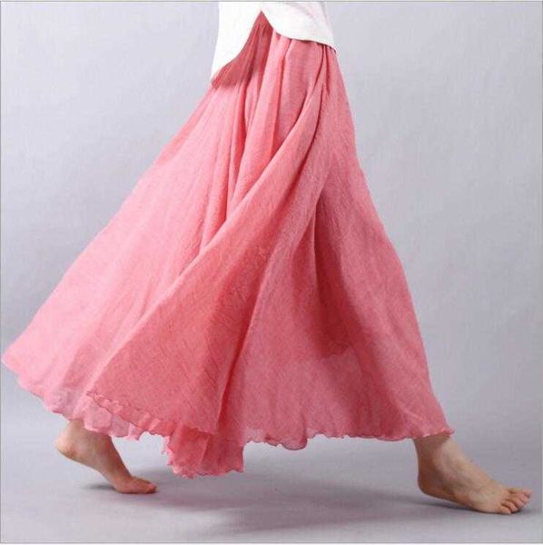Coton lin Maxi jupe femmes printemps été taille élastique Vintage solide plissé longue s Mori fille Boho plage QH1725 210609