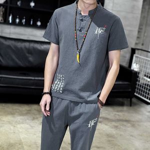 Coton Lin Hommes Ensembles Mode Style Chinois Été T-shirt à manches courtes + Pantalon à la cheville Deux pièces Ensemble Top et Pantalon X0610