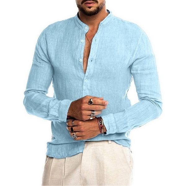 Coton lin hommes chemises à manches longues été couleur unie col montant décontracté plage Style grande taille 220811